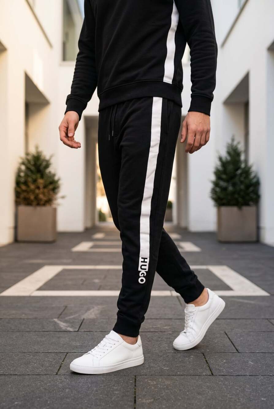 HUGO youth Black Sweatpants with White Side Stripe Logo size large